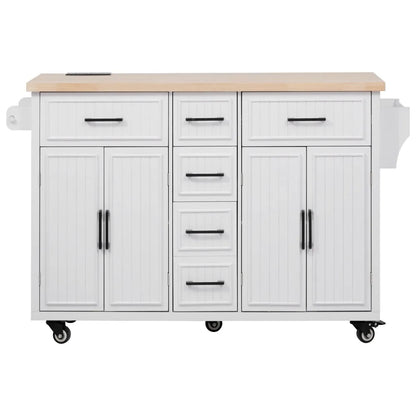 56.5'' Kitchen Island with Drop Leaf, Power Outlet, Embossed Vertical Stripe Rolling Kitchen Cart on Wheels