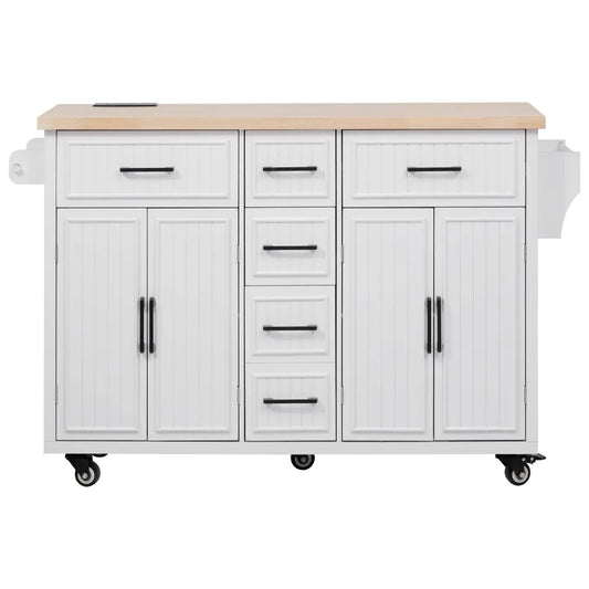 56.5'' Kitchen Island with Drop Leaf, Power Outlet, Embossed Vertical Stripe Rolling Kitchen Cart on Wheels