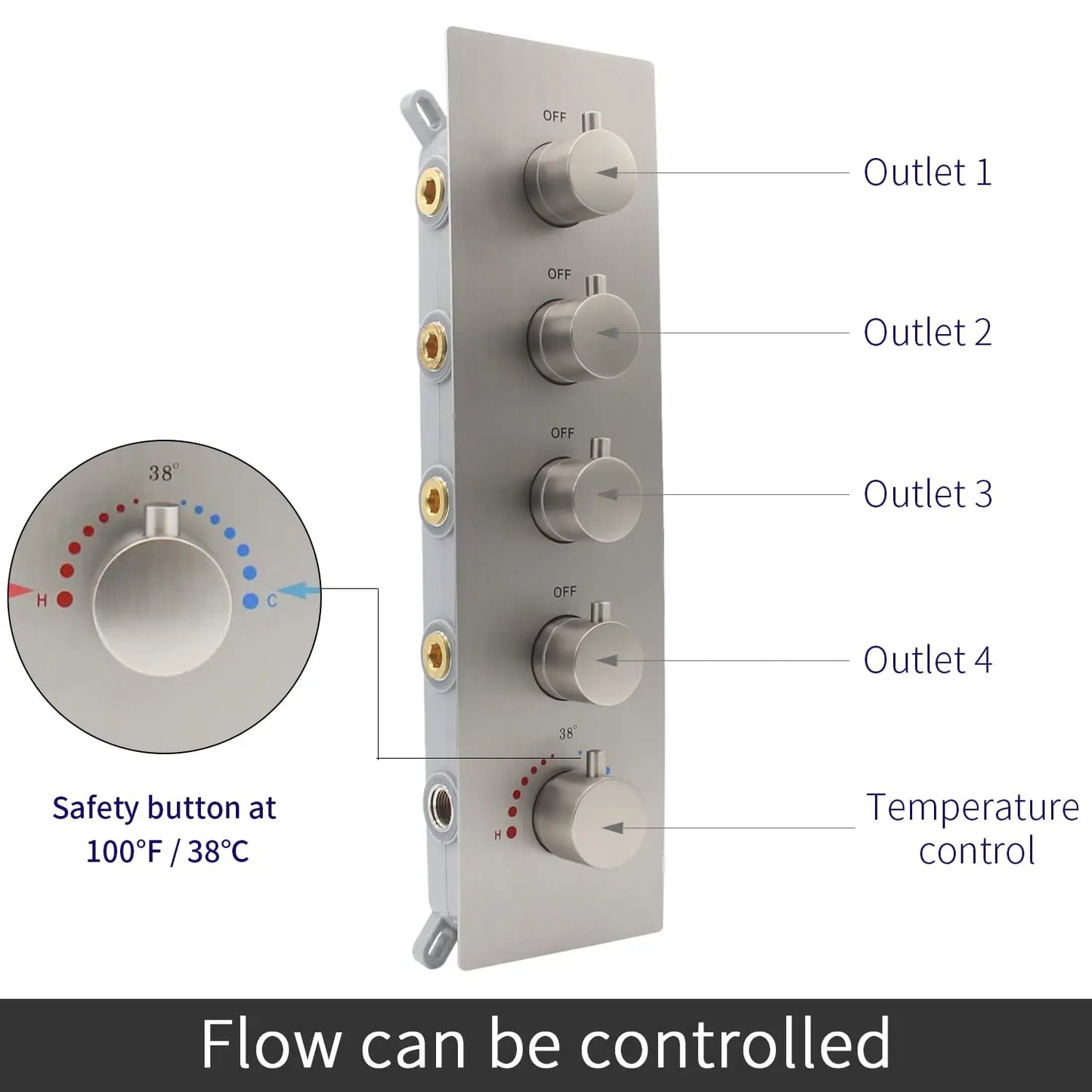 Modern 4 Way Thermostatic Shower Mixing Valve Concealed 5-Handle Brass Diverter Controlled Flow Polished Bronze Brushed Nickel