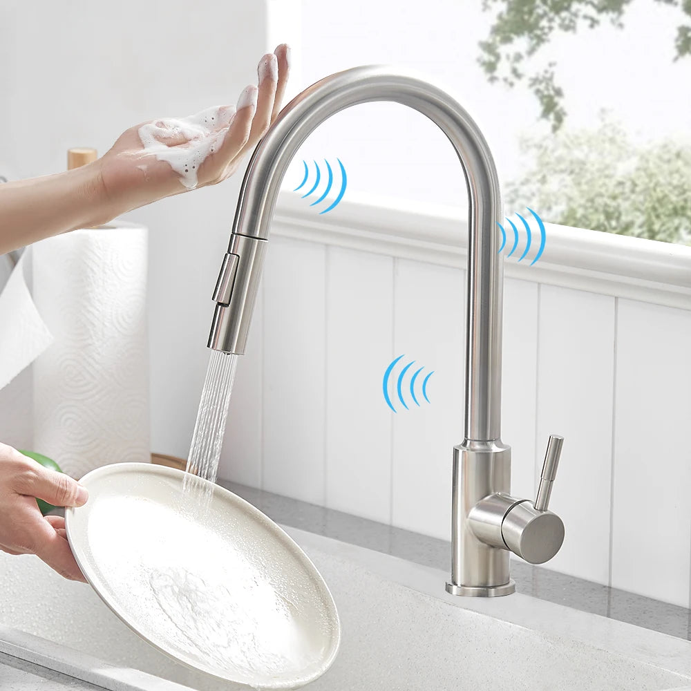 Touch Sensor Smart Kitchen Sink Faucet Flexible Pull Out Spout Deck-mount Hot Cold Water Mixers Kitchen Tap