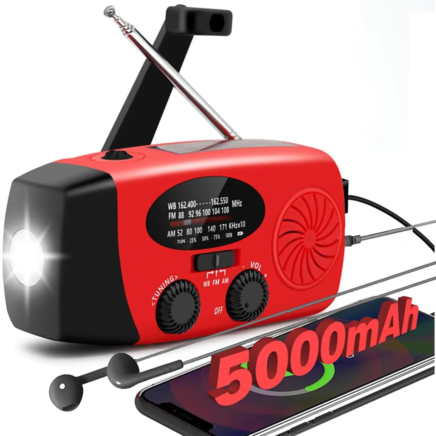 2000mAh / 5000mAh Portable Survival Crank Radio with 4 Modes Flashlight and Earphone Jack NOAA/FM/AM Solar Radios SOS Features
