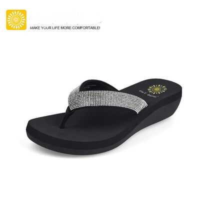 Best Selling Womens Slides Quality Rhinestone Slope Heel Flip-flops Non-slip Elastic Insoles Korean Fashion Summer Sandals