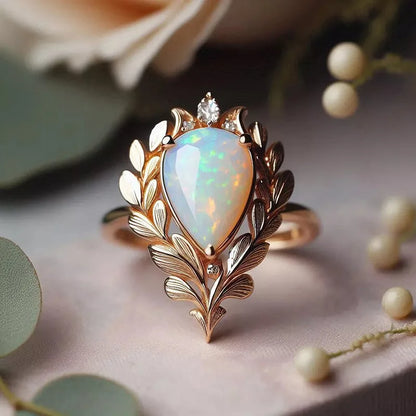 Elegant Opal Cocktail Ring For Women Natural Pear Stone Prong Setting Plant Pattern Wedding Fashion Jewelry A013