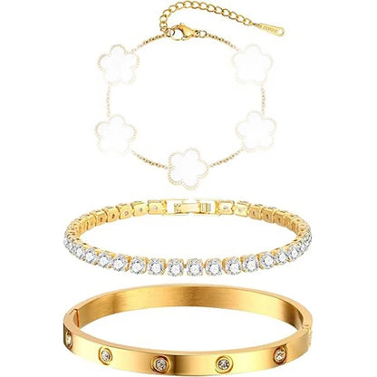 Anti Tarnish Jewellery Women Zircon Tennis 18k Gold Plated Bangles Stainless Steel Fashion Jewelry Bracelets Bangles Set