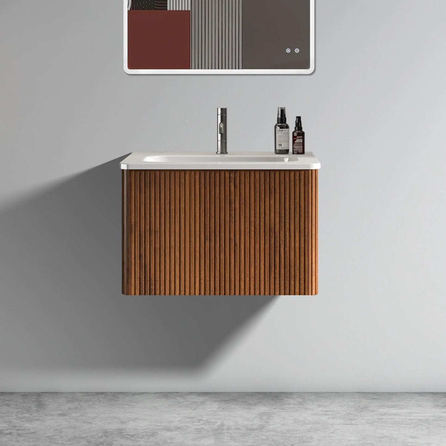 Homein 24 in White+Walnut Bathroom Vanity with Sink, Wall Mounted Melamine Floating Cabinet with Striped Push-open Drawers