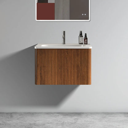 Homein 24 in White+Walnut Bathroom Vanity with Sink, Wall Mounted Melamine Floating Cabinet with Striped Push-open Drawers