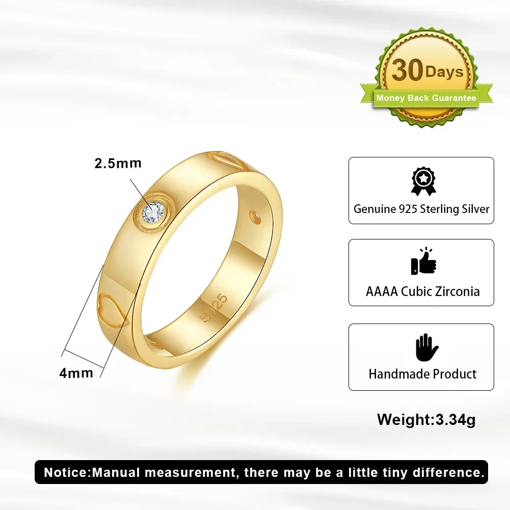RINNTIN SR324 Heart Love Stylish Band Rings Gold Plated 925 Sterling Silver Classic for Girls Zircon Engagement Rings for Women