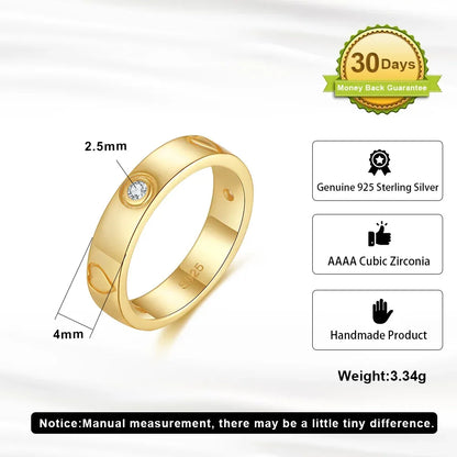 RINNTIN SR324 Heart Love Stylish Band Rings Gold Plated 925 Sterling Silver Classic for Girls Zircon Engagement Rings for Women