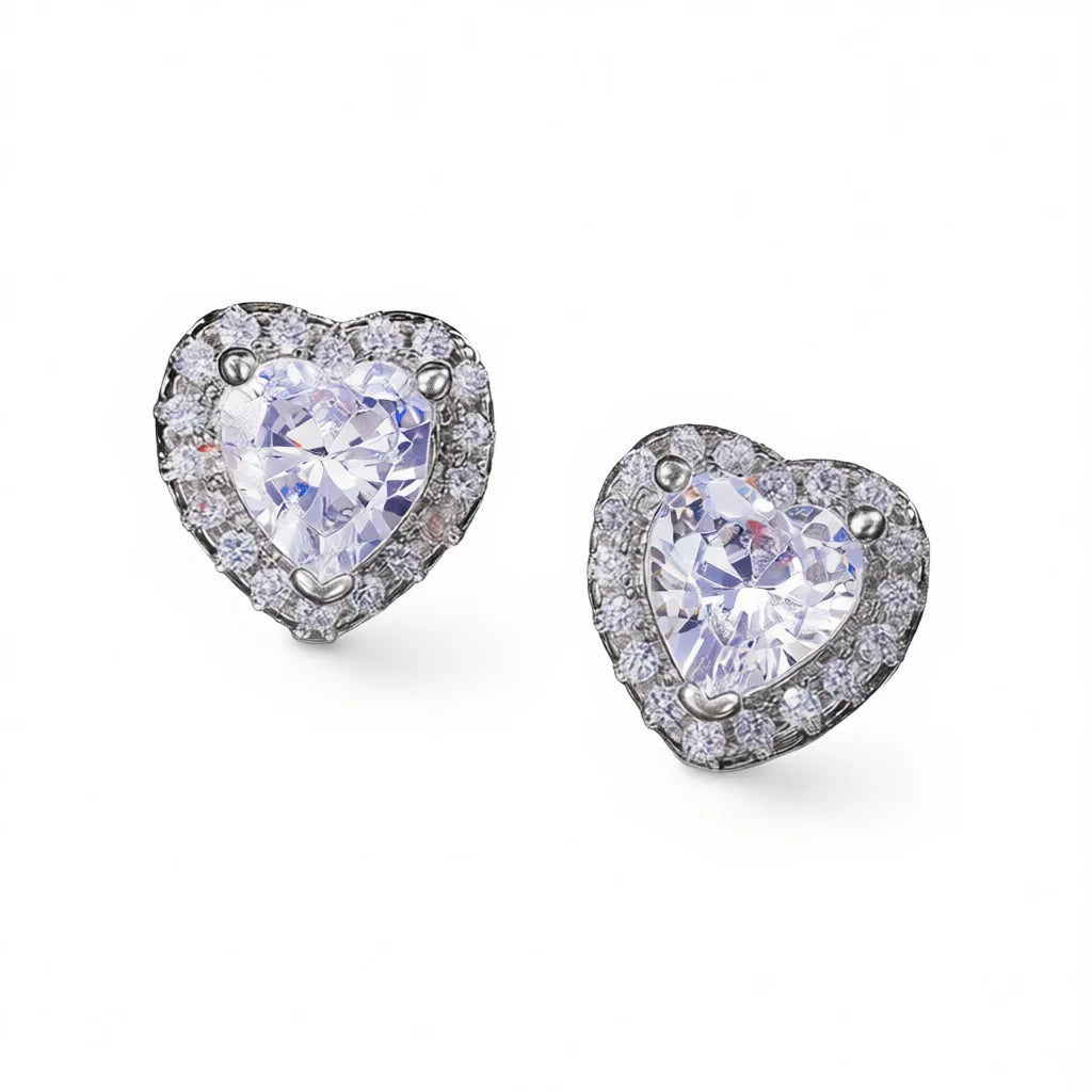 Lucky Brand Gold Heart Crystal & Rhinestone Stud Earrings 925 Silver Claw Setting Romantic Wedding Jewelry for Women