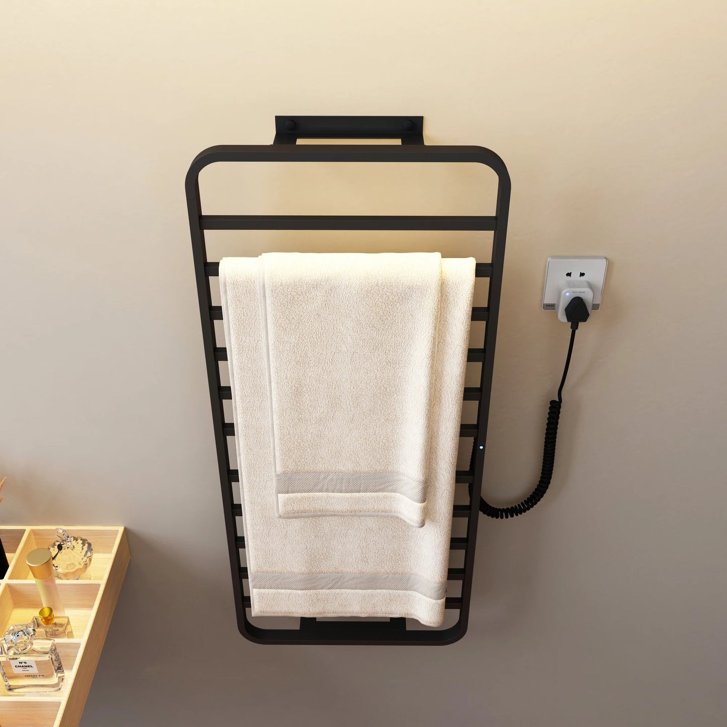 Smart Home 220v Electric Heated Towel Rail Black Bathroom Towel Dryer Warmer Rack Punch Free for Hotels