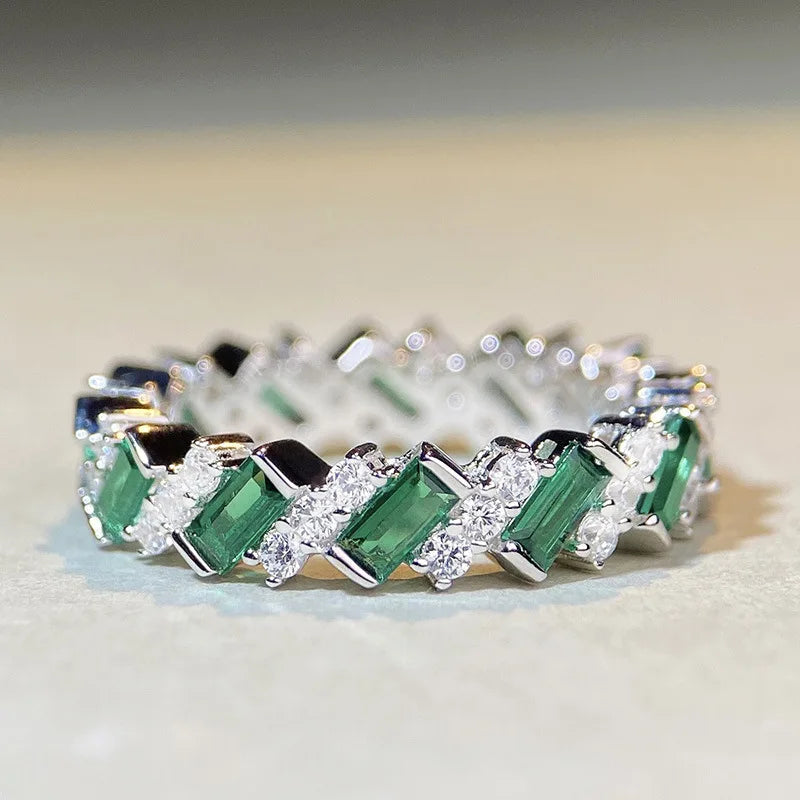 T0202 Emerald Silver Ring Geometric Design Engagement Unisex Jewelry