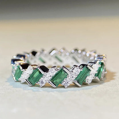 T0202 Emerald Silver Ring Geometric Design Engagement Unisex Jewelry