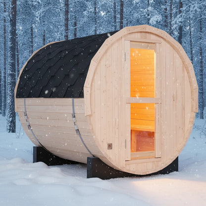Luxury Barrel Sauna with Immersive Panoramic Glass Door | Year-Round 4-Person Outdoor Spa