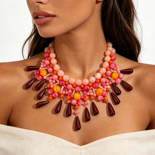 1pc Exaggerated Multi-layered Water Drop Shaped Handmade Beaded Beach Resort Style High-end Gradient Color Collarbone Necklace