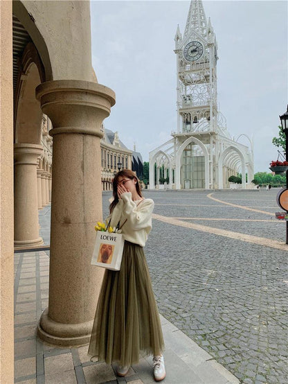 TingYiLi Elegant Tulle Skirt Autumn Winter Big Swing Women Skirt Korean Cute Pink Green Gray Blue Brown Black Long Skirt Tutu