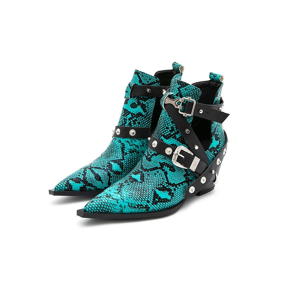 Motorcycle Western Cowboy Boots Women Snake PU Leather Short Cossacks High Heels Pointed Cowgirl Booties Buckle Womens Shoes