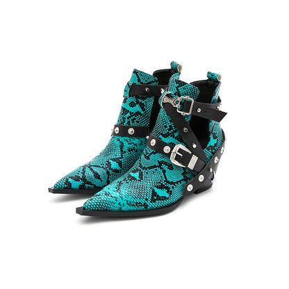 Motorcycle Western Cowboy Boots Women Snake PU Leather Short Cossacks High Heels Pointed Cowgirl Booties Buckle Womens Shoes