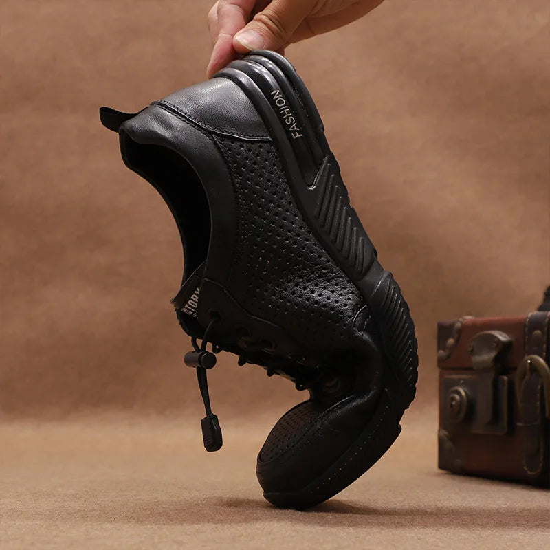 Genuine Leather Lace-up Men's Boat Shoes Round Toe Breathable Solid Summer Casual Rubber Outsole EVA Midsole Shoe Tongue Logo