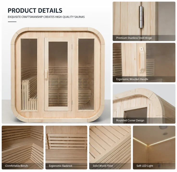 Outdoor Cube Sauna Room 4-6 Person Canadian White Pine Wood Traditional Finnish Sauna with Electric Heater and Tempered Glass