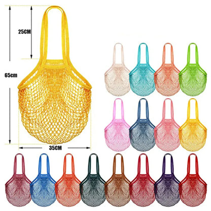 Recycled Reusable Cotton String Mesh Net Shopping Bag Long Handle Fruit Vegetable Grocery Produce Tote for Daily Life Letter