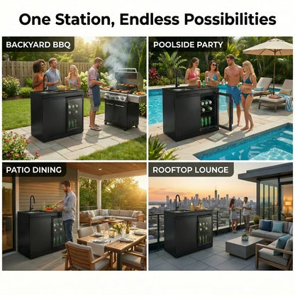 Sink Fridge Combo Outdoor Kitchen 70L Refrigerator Portable Durable 3-Burner OE Home Pull-Down Faucet Brushed SS Granite BBQ