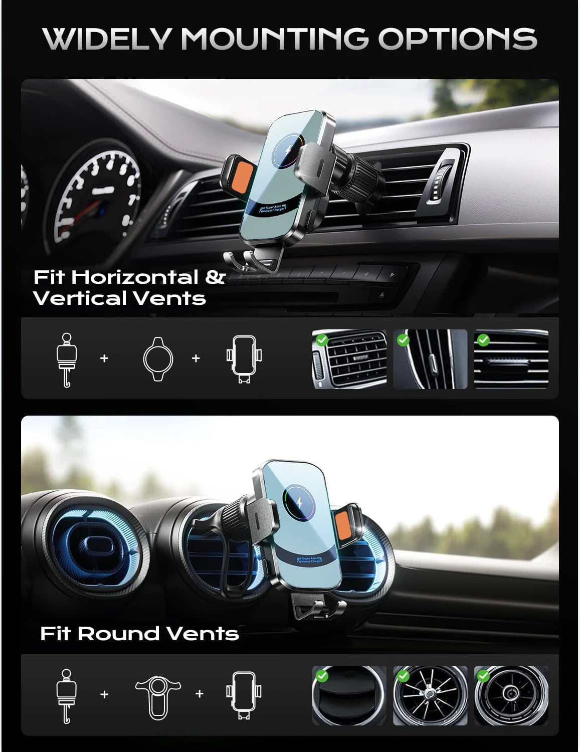 Wireless Car Charger Phone Holder Mount 15W Fast Charging Air Vent Auto Clamping Holders for iPhone 16 15 Pro Max New Products