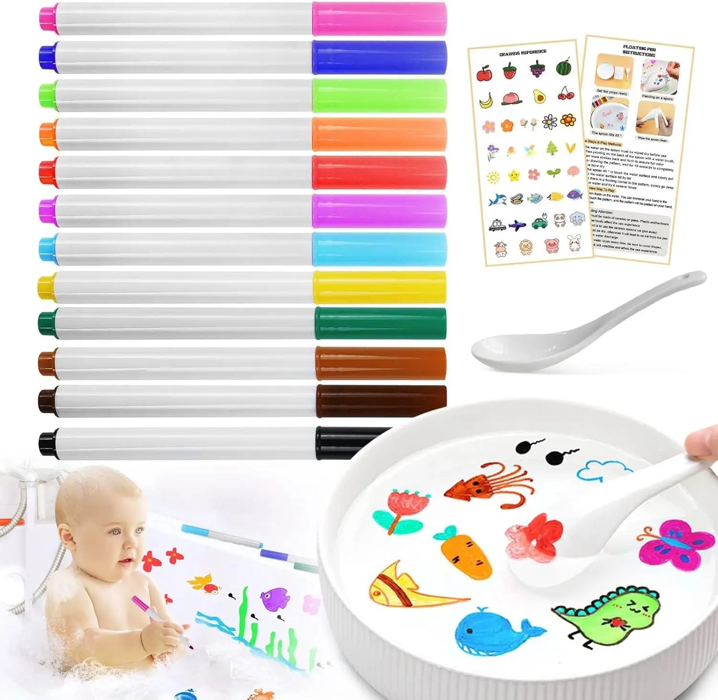 Magical Water Painting Pen-12 Colors Double Ended, Erasing Whiteboard Marker, Doodle Water Floating Pens