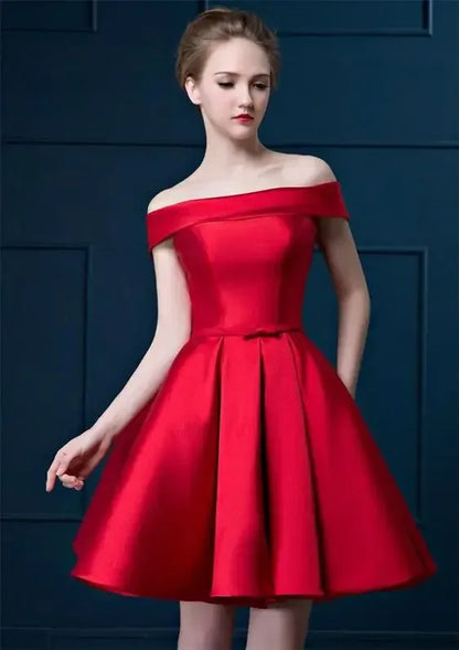 S-XXL Golden Off the Shoulder a Line Cocktail Dresses Lace up Satin Short Party Dresses Elegant Wedding Bridesmaid Evening Gown