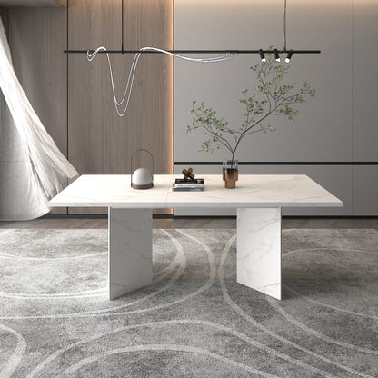 Extendable Dining Room Table for 6-10 Modern Faux Marble Wooden Long Large Rectangular Expanding Conference Kitchen Table White