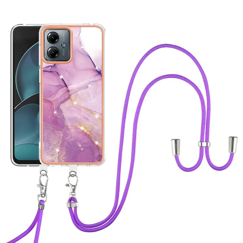 Shockproof Mobile Phone Case for Motorola Moto G14 G54 G84 IMD Marble Shell Cover Lanyard