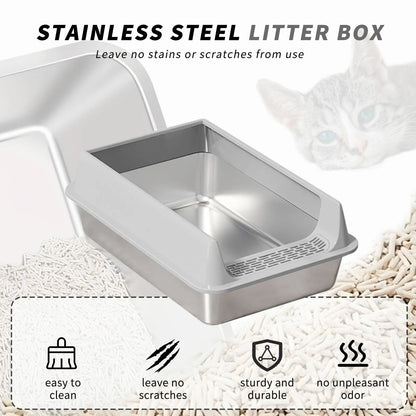 Stainless Steel Semi-closed Rectangular Cat Litter Box with Top-in Lid Anti-splash High Fence Pet Cleaning