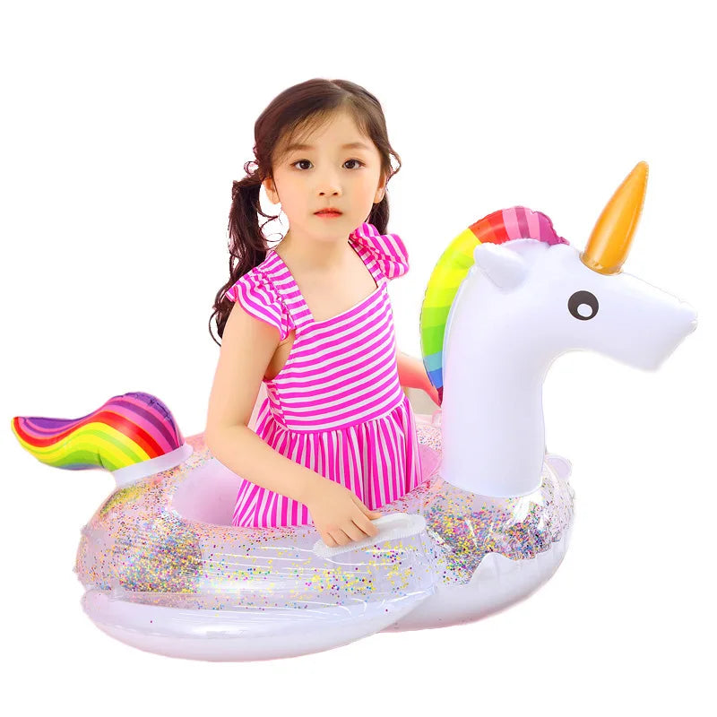 Hot Selling Eco-friendly PVC Inflatable Bubble Bottom Sequin Flamingo Unicorn Children's Seat Ring for Kids Water Sport