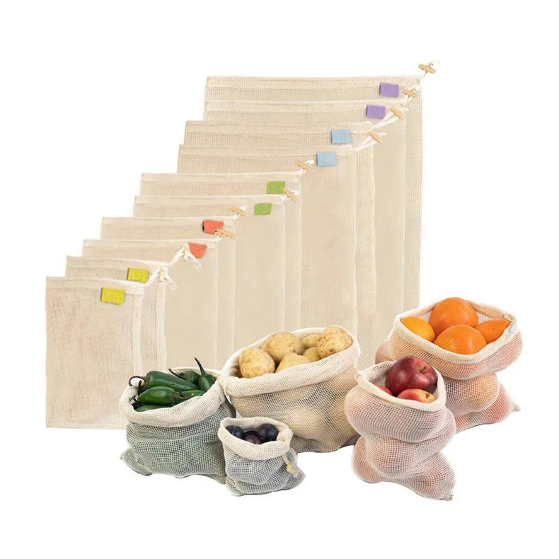 Recycled Reusable Cotton String Mesh Net Shopping Bag Long Handle Fruit Vegetable Grocery Produce Tote for Daily Life Letter