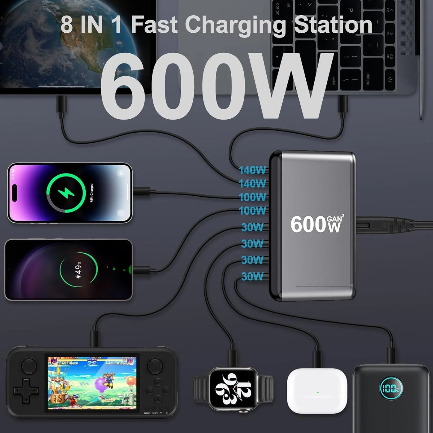 600W USB C Charger 100W USB C Charger Block, GaN III 8-Port Fast Charging Station Hub,PD 3.1 140W Laptop Charger Adapter