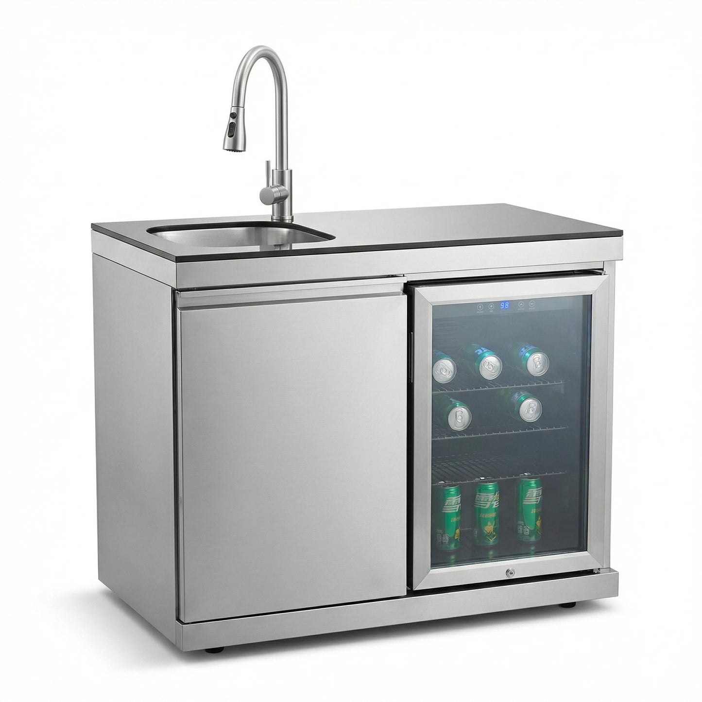 Sink Fridge Combo Outdoor Kitchen 70L Refrigerator Portable Durable 3-Burner OE Home Pull-Down Faucet Brushed SS Granite BBQ