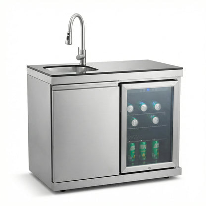 Sink Fridge Combo Outdoor Kitchen 70L Refrigerator Portable Durable 3-Burner OE Home Pull-Down Faucet Brushed SS Granite BBQ