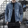New Vintage Men's Denim Jacket with Wool Fabric Solid Casual Stand Collar Coat Winter Clothes for Men