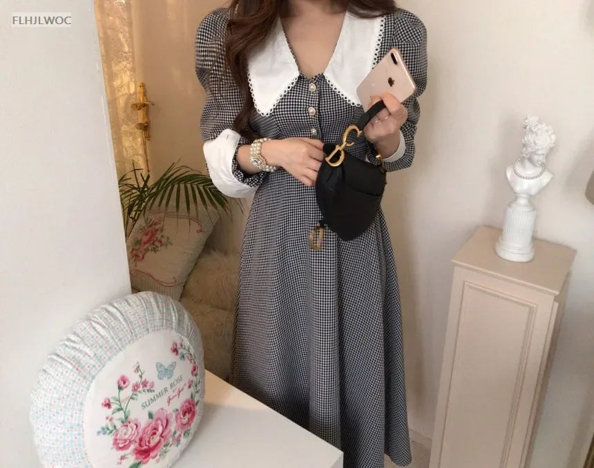 2021 Autumn Spring Basic Belt Plaid Shirt Dress Long Maxi Feminine Vestidos Chic Korea Design Clothes