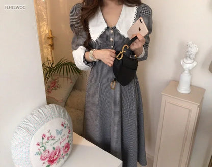 2021 Autumn Spring Basic Belt Plaid Shirt Dress Long Maxi Feminine Vestidos Chic Korea Design Clothes