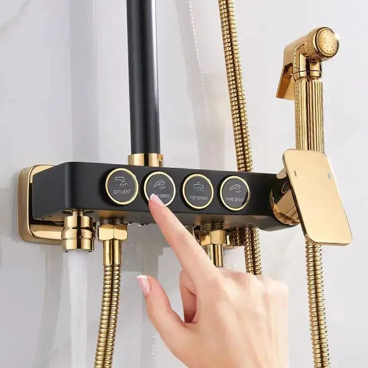 Deao Bathroom Gold Bathing Luxury Shower Kit 4 Functions Piano Brass Shower Set Thermostatic for Hotel