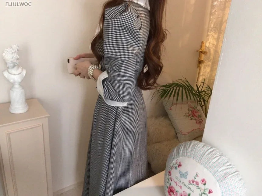 2021 Autumn Spring Basic Belt Plaid Shirt Dress Long Maxi Feminine Vestidos Chic Korea Design Clothes