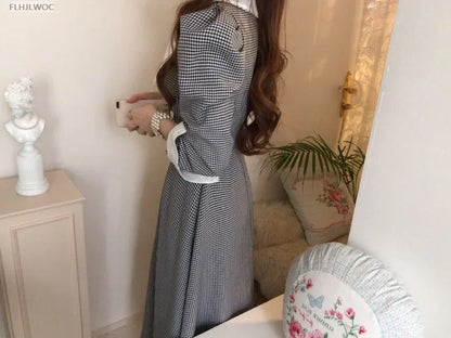 2021 Autumn Spring Basic Belt Plaid Shirt Dress Long Maxi Feminine Vestidos Chic Korea Design Clothes