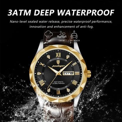 POEDAGAR Watches for Men Classic Luxury Week Display Sports Quartz Watch Mens Waterproof Leather Band Date Wristwatches Male