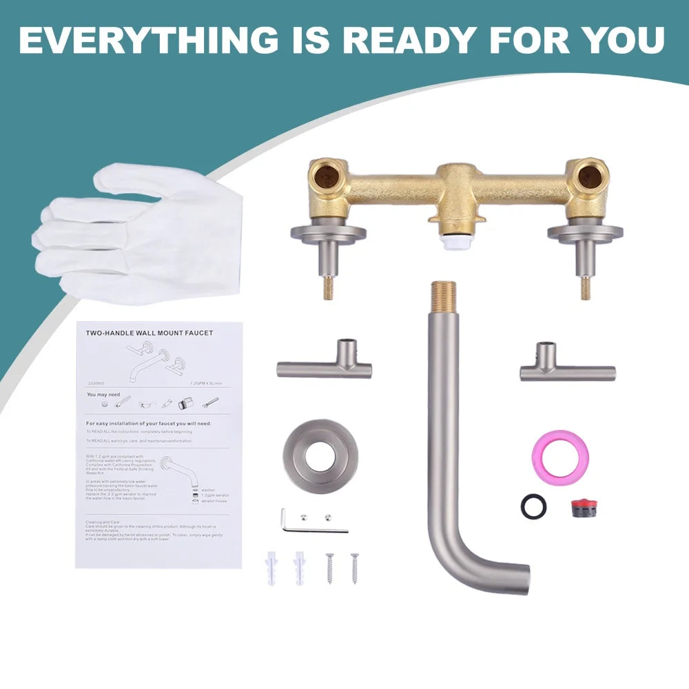 8 Inch Long Spout Reach Bathroom Sink Faucet Wall Mounted Two Handles Washbasin Faucet Rough-in Valve Chrome Wall Faucet