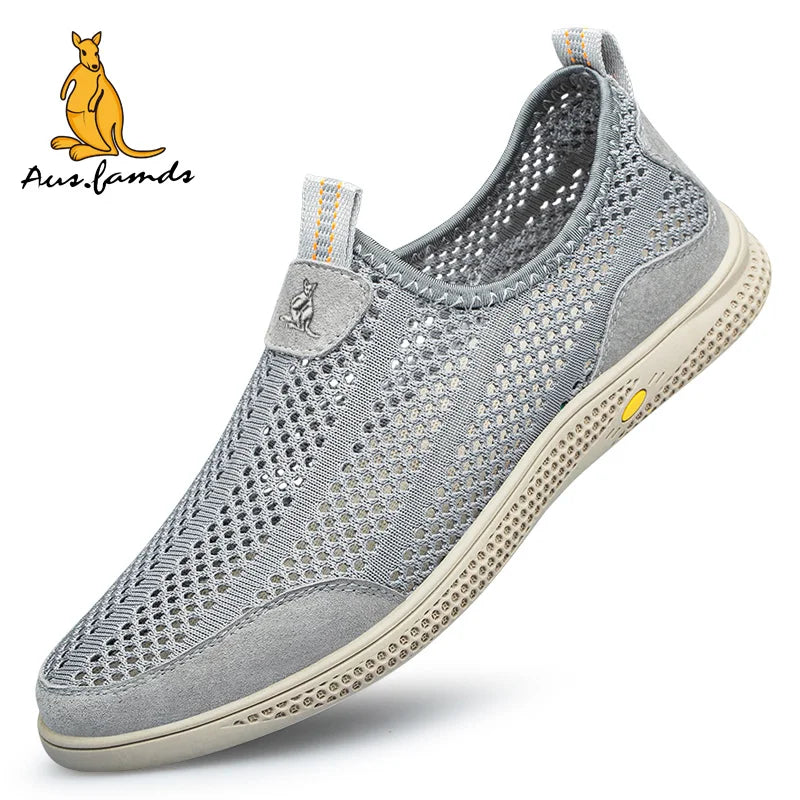 Lightweight Men's Kangaroo Logo Pigskin Leather Casual Sport Slip-On Running Shoes Breathable Soft Fabric Summer Walking Sandals