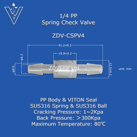 ZDVseal 1/4 Inch Spring Check Valve 3 Bar Back Pressure Reducing Valve Hose Barb Non Return for Corrosive Fluids by PDG ibma