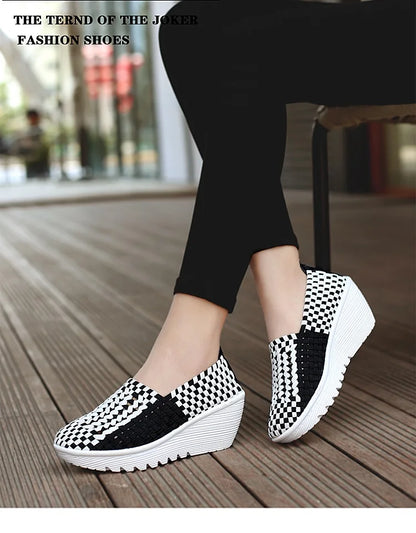 New Women Sneakers Summer Casual Shoes Woven Flat Platform Women's Shoes Breath Loafers Lady Footwear Soft Zapatos Plus Size 42