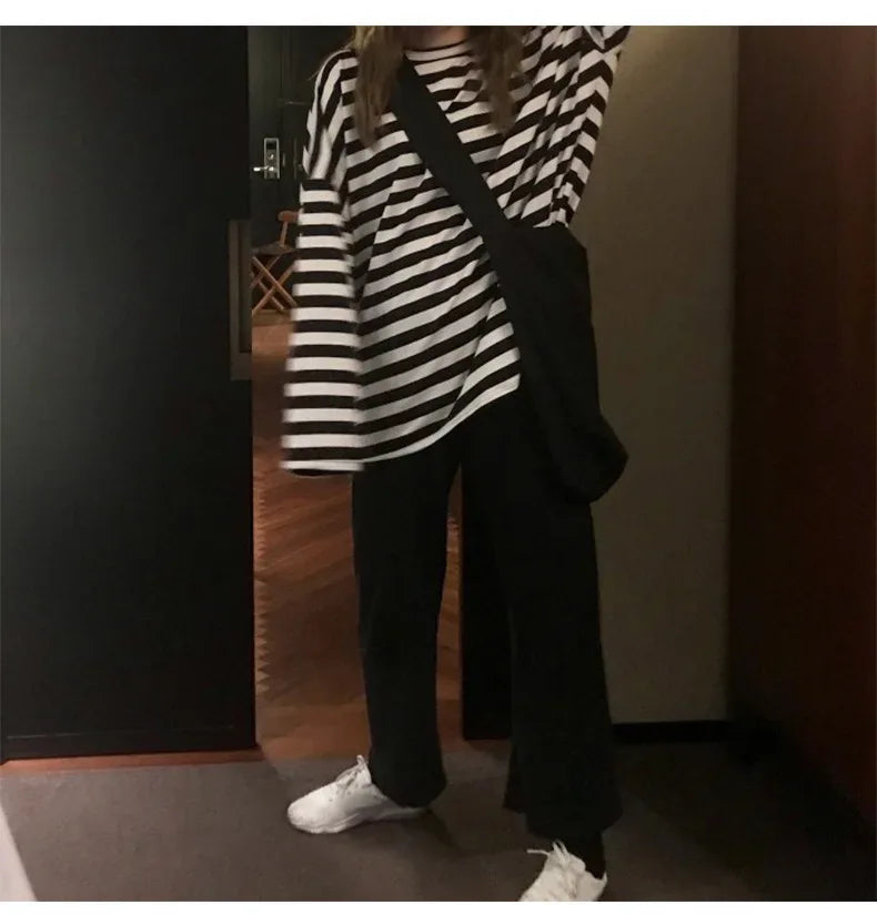 spring Autumn Women harajuku Striped Tshirt Long Sleeve O-Neck T-Shirts ulzzang Korean Casual  T Shirt Femme black Tops