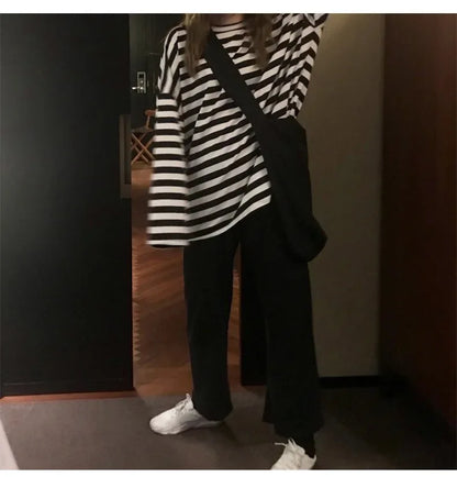 spring Autumn Women harajuku Striped Tshirt Long Sleeve O-Neck T-Shirts ulzzang Korean Casual  T Shirt Femme black Tops