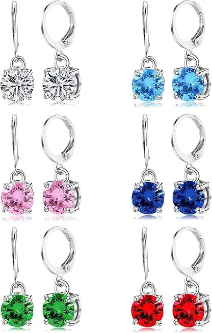 6 Pairs Leverback Drop Dangle Earrings Set Multicolor Round CZ Hoop Earrings 8MM for Women